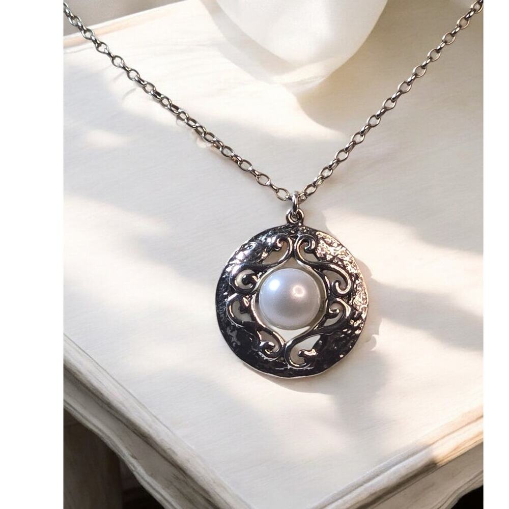 Pearl Filigree Pendant Necklace 925 Sterling Silver Opulenza Vintage Romantic